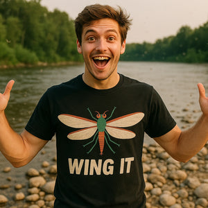 Lifestyle shot of the "Wing It" black mayfly t shirt in a real-world setting