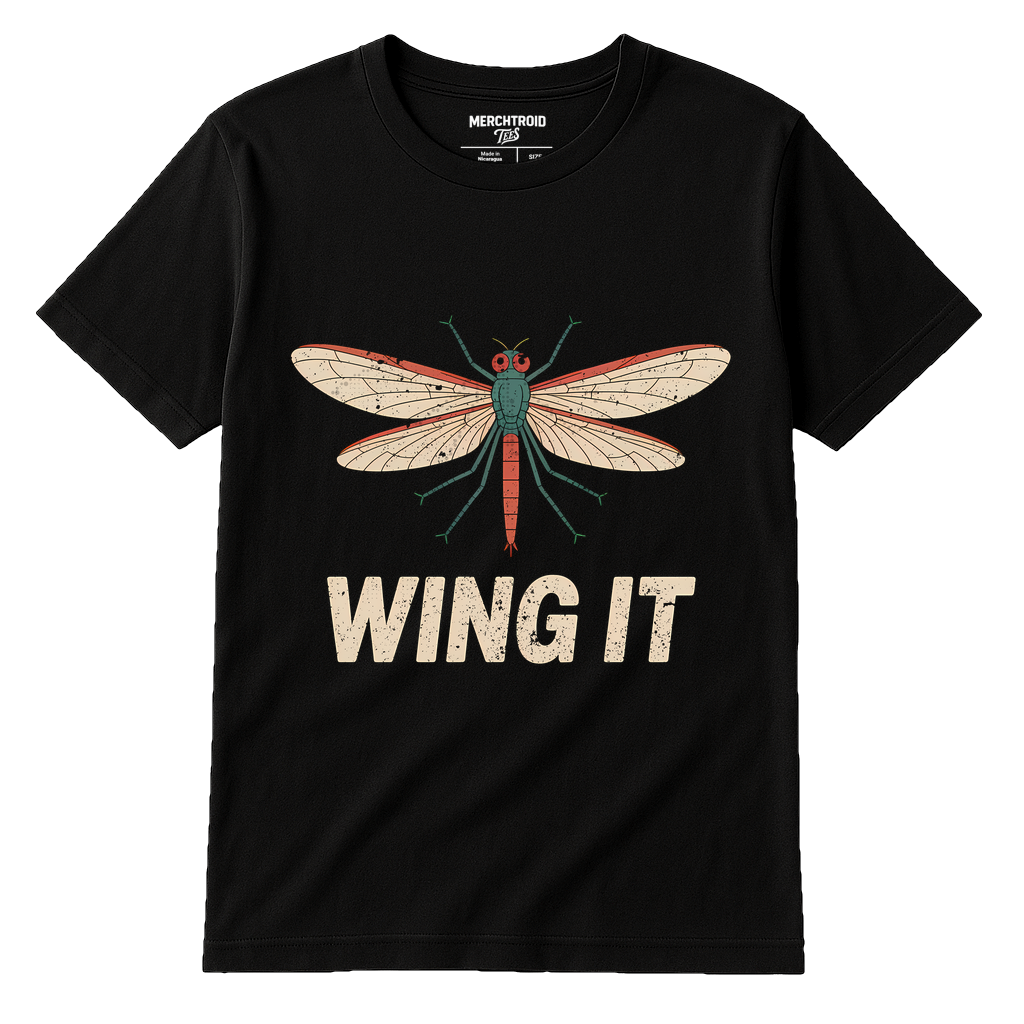 Black Mayfly T Shirt - "Wing It" graphic tee with beige print, flat lay product photo