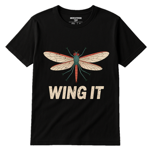 Black Mayfly T Shirt - "Wing It" graphic tee with beige print, flat lay product photo