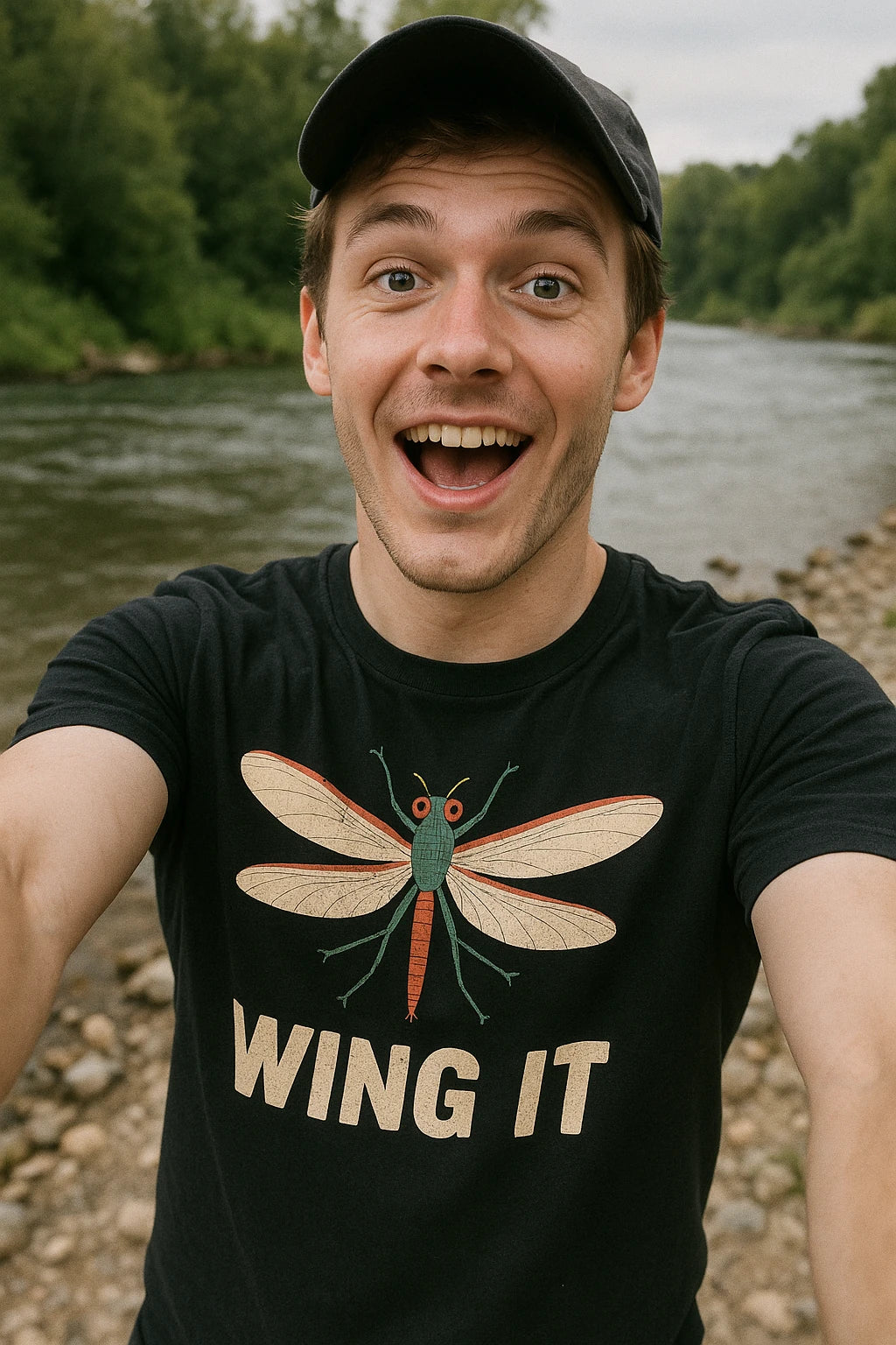 "Wing It" black mayfly t shirt, photographed as mayfly lover gift