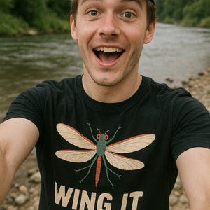 "Wing It" black mayfly t shirt, photographed as mayfly lover gift