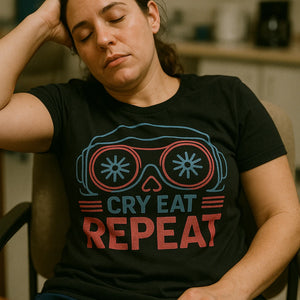 "Cry Eat Repeat" black sleep deprived t shirt - a birthday gift for sleep deprived lover