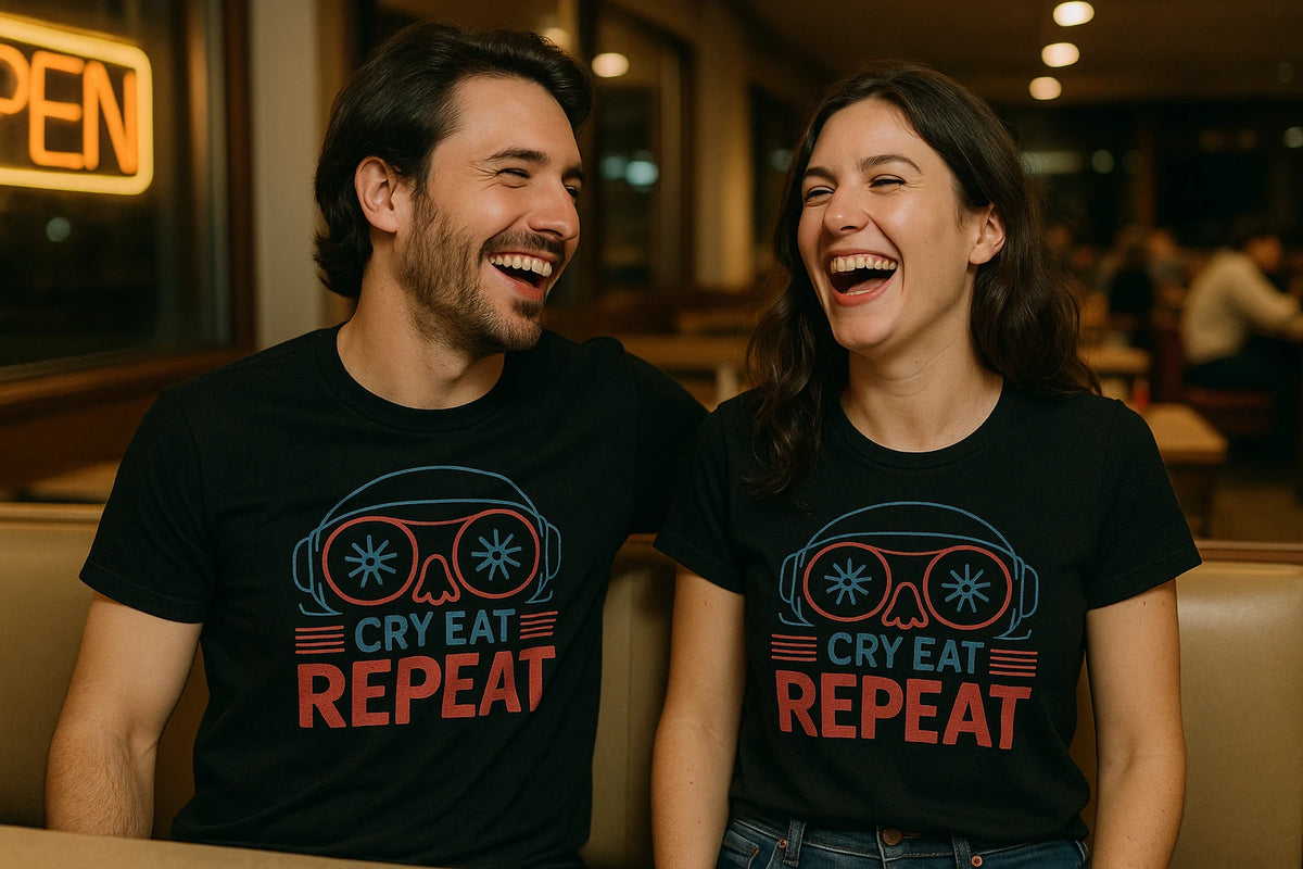 Person wearing the black sleep deprived t shirt graphic tee - "Cry Eat Repeat" design