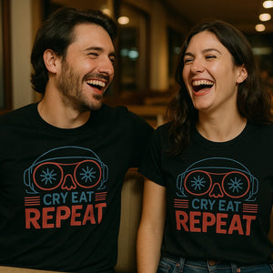 Person wearing the black sleep deprived t shirt graphic tee - "Cry Eat Repeat" design