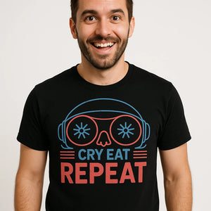 Close-up of the "Cry Eat Repeat" red print on a premium Bella+Canvas black sleep deprived t shirt