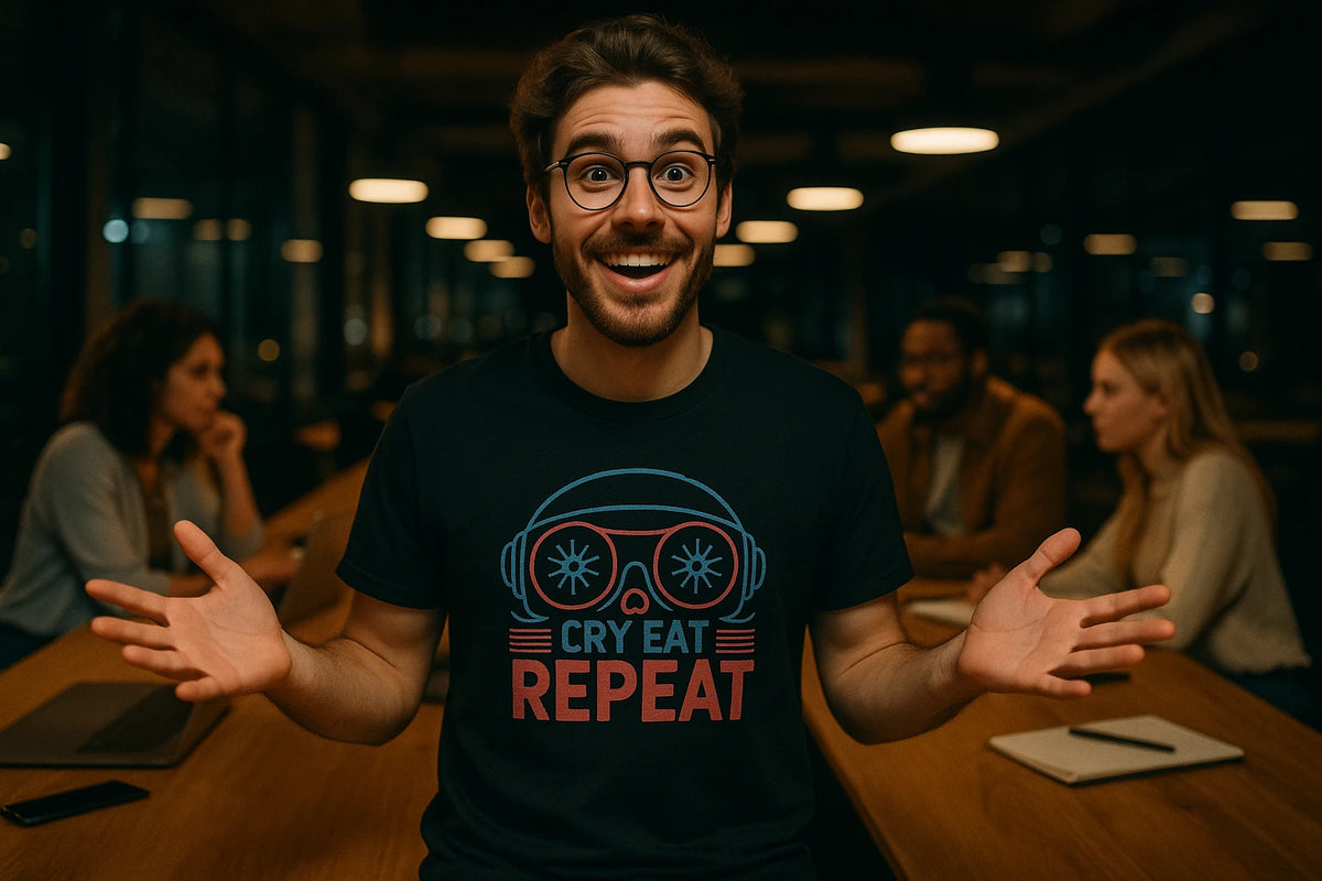Lifestyle shot of the "Cry Eat Repeat" black sleep deprived t shirt in a real-world setting