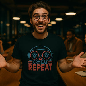 Lifestyle shot of the "Cry Eat Repeat" black sleep deprived t shirt in a real-world setting