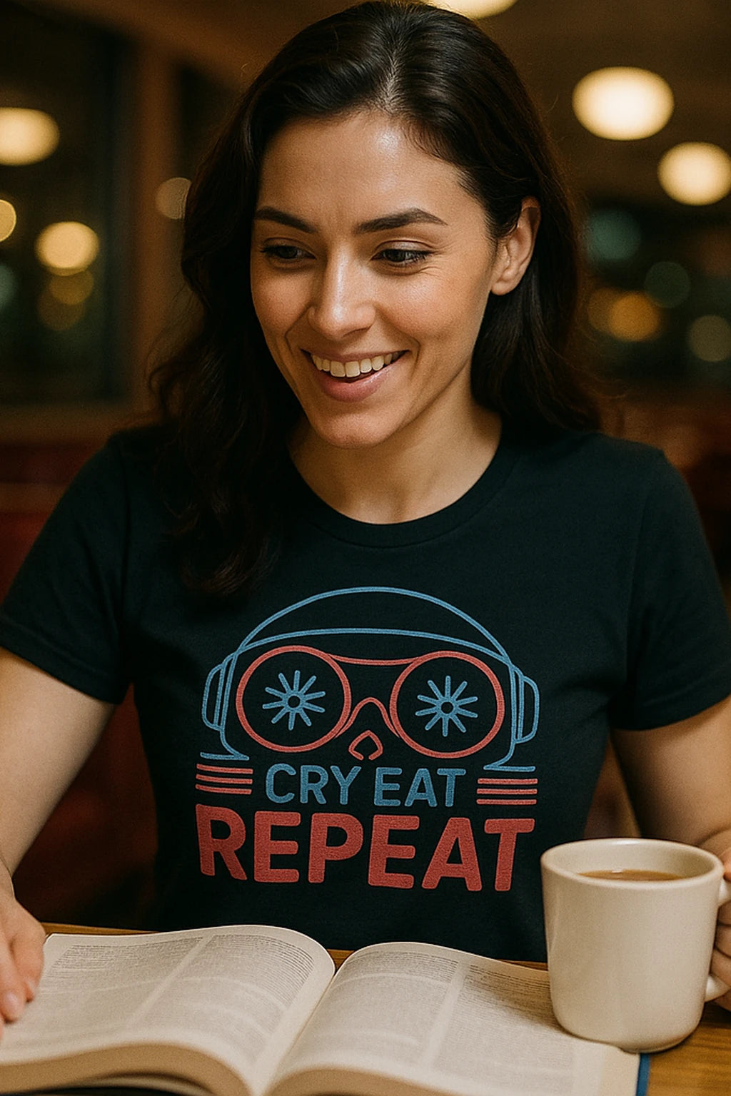 "Cry Eat Repeat" black sleep deprived t shirt, photographed as sleep deprived lover gift