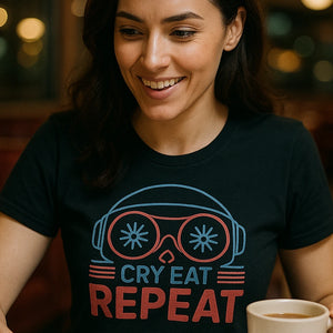 "Cry Eat Repeat" black sleep deprived t shirt, photographed as sleep deprived lover gift