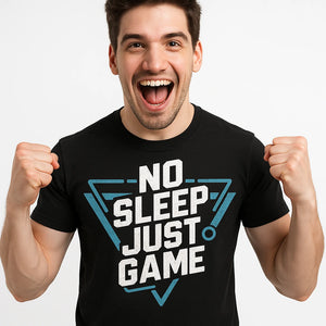 Close-up of the "No Sleep Just Game" white print on a premium Bella+Canvas black esports team shirts