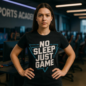 Lifestyle shot of the "No Sleep Just Game" black esports team shirts in a real-world setting