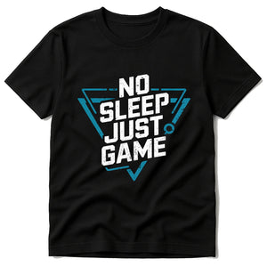 Black Esports Team Shirts - "No Sleep Just Game" graphic tee with white print, flat lay product photo
