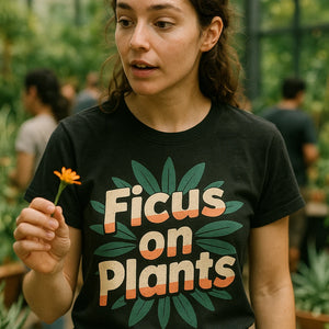 "Ficus on Plants" black botany t shirt, photographed as gifts for botany lovers