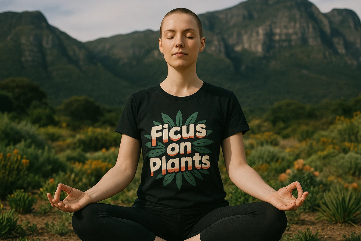 Lifestyle shot of the "Ficus on Plants" black botany t shirt in a real-world setting