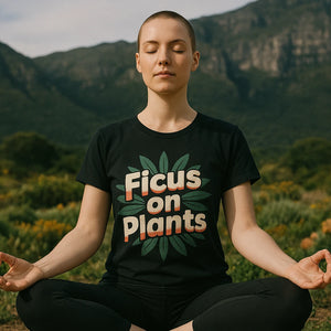 Lifestyle shot of the "Ficus on Plants" black botany t shirt in a real-world setting