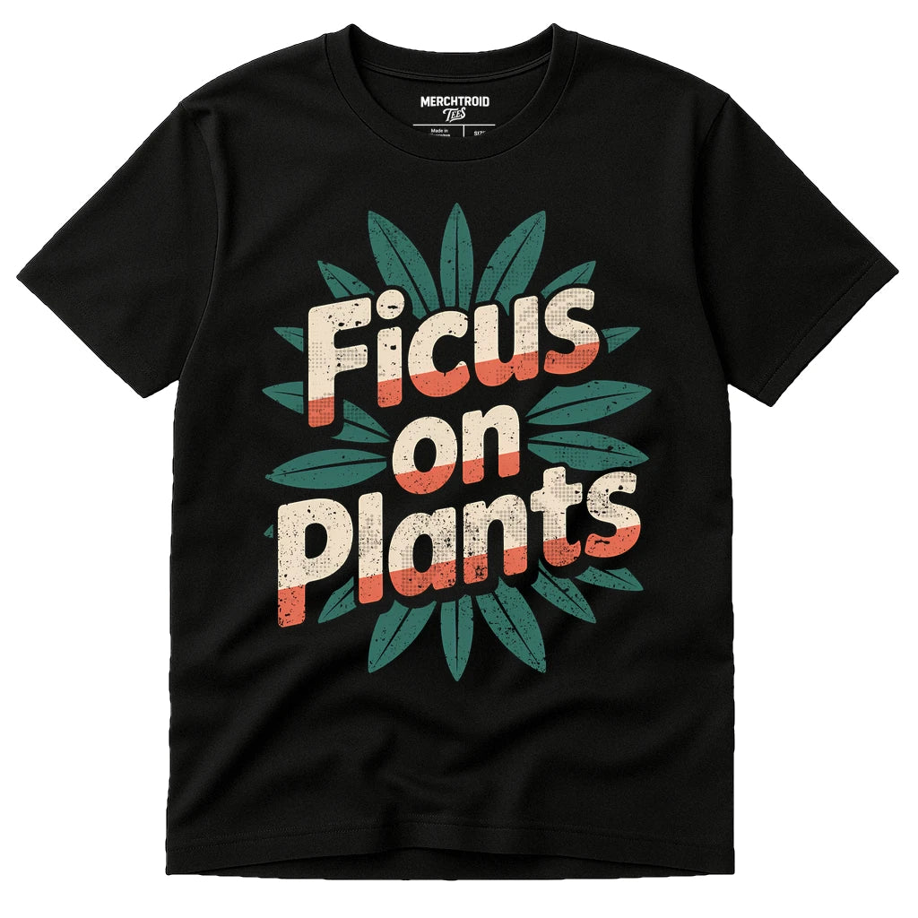 Black Botany T Shirt - "Ficus on Plants" graphic tee with tan print, flat lay product photo