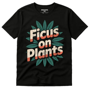 Black Botany T Shirt - "Ficus on Plants" graphic tee with tan print, flat lay product photo