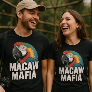 Person wearing the black macaw t shirt graphic tee - "Macaw Mafia" design