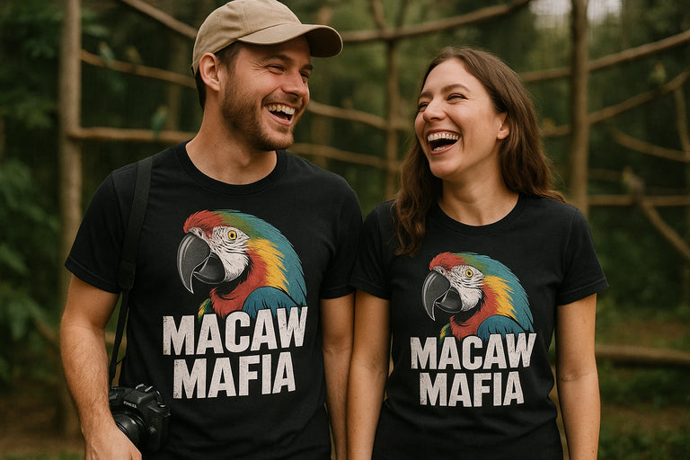 Person wearing the black macaw t shirt graphic tee - 