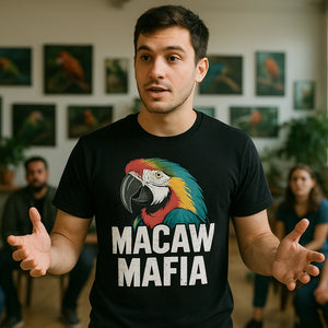 Lifestyle shot of the "Macaw Mafia" black macaw t shirt in a real-world setting