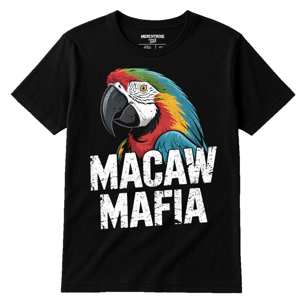 Black Macaw T Shirt - "Macaw Mafia" graphic tee with white print, flat lay product photo