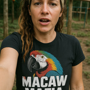 "Macaw Mafia" black macaw t shirt, photographed as macaw lover gift