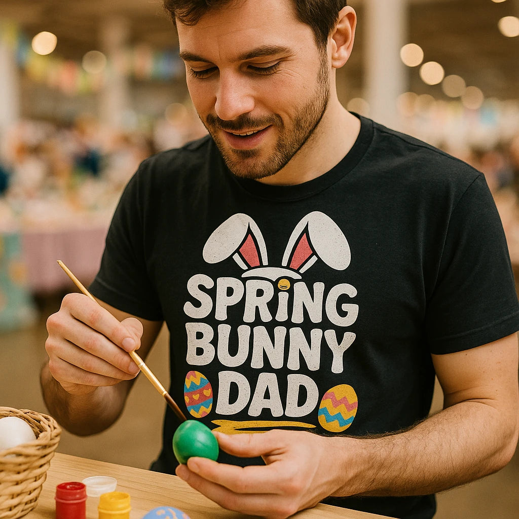 A person is painting a green egg with a brush, wearing a black shirt with bunny ears and colorful eggs design. The setting appears to be a festive indoor event with blurred background activity.