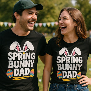Person wearing the black easter tee shirts graphic tee - "Spring Bunny Dad" design