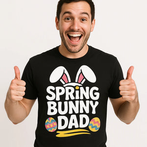 Close-up of the "Spring Bunny Dad" white print on a premium Bella+Canvas black easter tee shirts