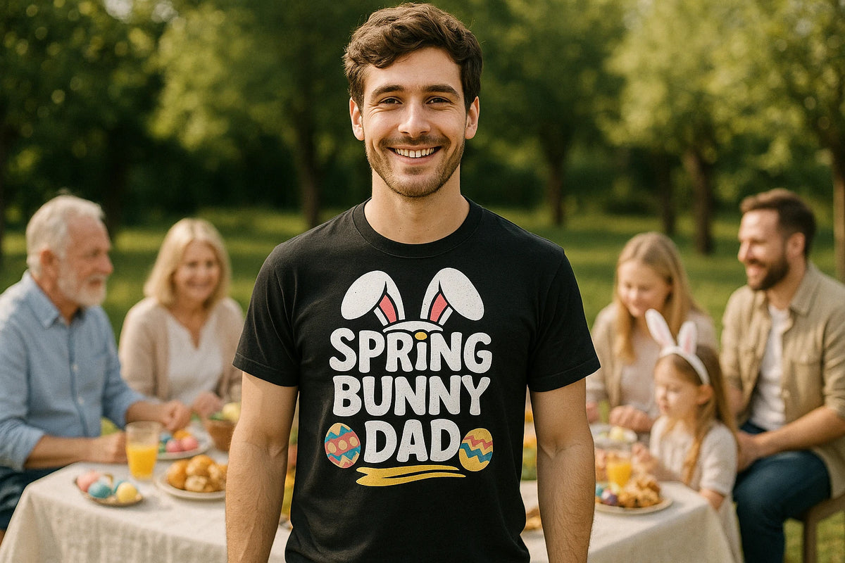 Lifestyle shot of the "Spring Bunny Dad" black easter tee shirts in a real-world setting