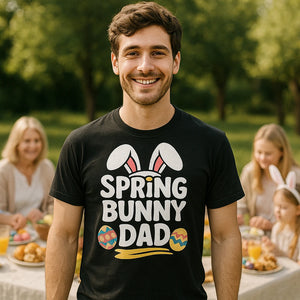 Lifestyle shot of the "Spring Bunny Dad" black easter tee shirts in a real-world setting