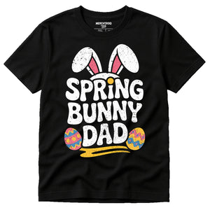 Black Easter Tee Shirts - "Spring Bunny Dad" graphic tee with white print, flat lay product photo