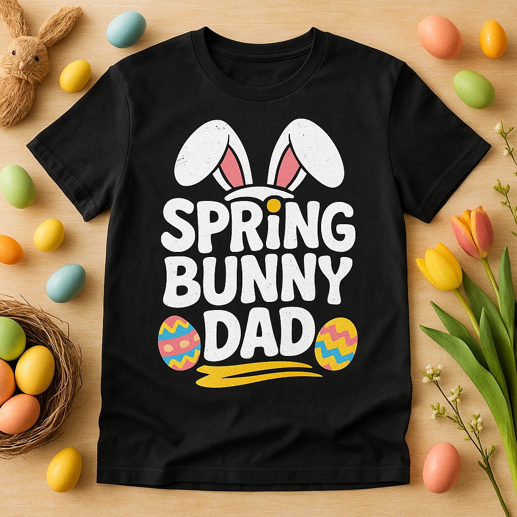A black t-shirt featuring white text that reads "SPRING BUNNY DAD" with bunny ears and colorful Easter eggs as part of the design. The shirt is surrounded by various colored Easter eggs, a wicker basket, and tulips on a wooden surface.