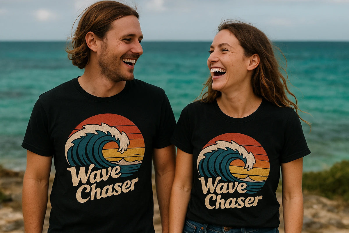 Person wearing the black oceans t shirt graphic tee - "Wave Chaser" design