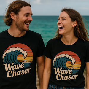Person wearing the black oceans t shirt graphic tee - "Wave Chaser" design