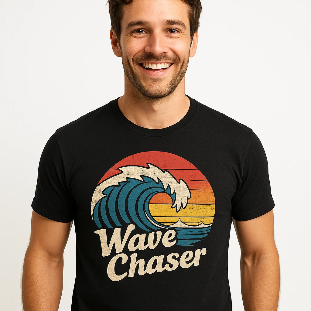 Close-up of the "Wave Chaser" brown print on a premium Bella+Canvas black oceans t shirt