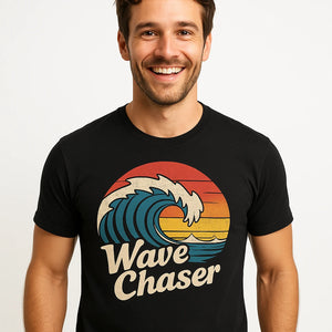 Close-up of the "Wave Chaser" brown print on a premium Bella+Canvas black oceans t shirt