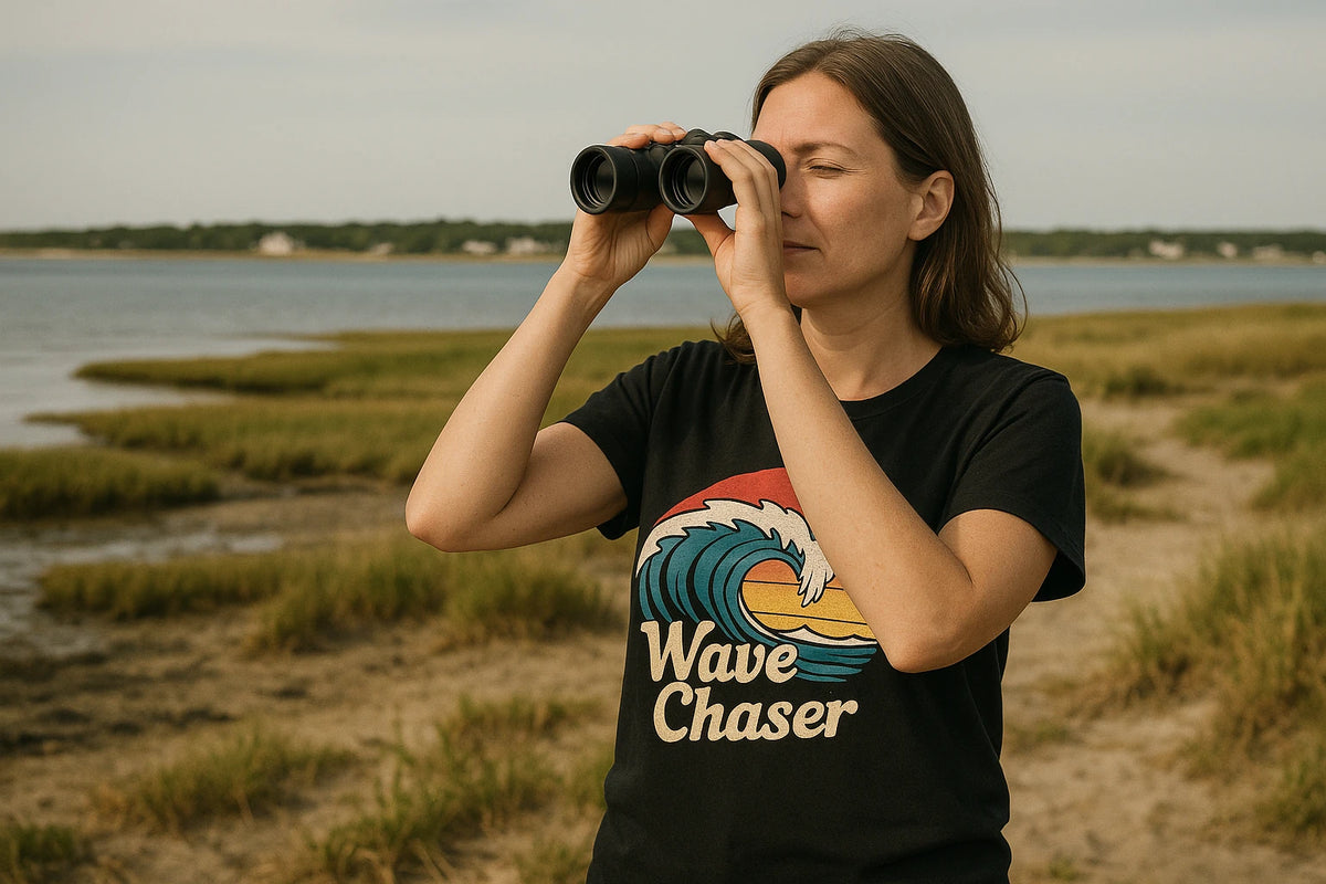 Lifestyle shot of the "Wave Chaser" black oceans t shirt in a real-world setting