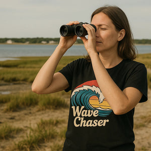 Lifestyle shot of the "Wave Chaser" black oceans t shirt in a real-world setting