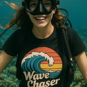 "Wave Chaser" black oceans t shirt, photographed as oceans lover gift