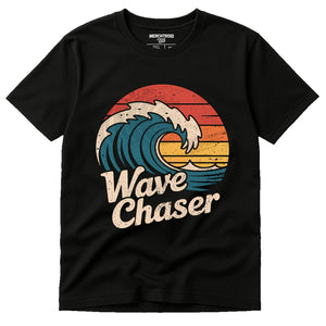 Black Oceans T Shirt - "Wave Chaser" graphic tee with brown print, flat lay product photo