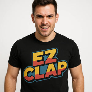Close-up of the "Ez Clap" orange print on a premium Bella+Canvas black esports gaming t shirt