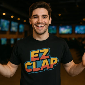 Lifestyle shot of the "Ez Clap" black esports gaming t shirt in a real-world setting