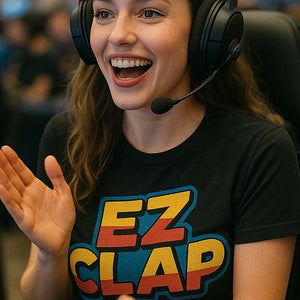 "Ez Clap" black esports gaming t shirt, photographed as esport lover gift
