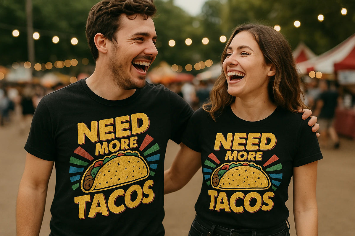 Person wearing the black taco shirts graphic tee - "Need More Tacos" design