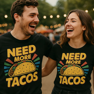 Person wearing the black taco shirts graphic tee - "Need More Tacos" design
