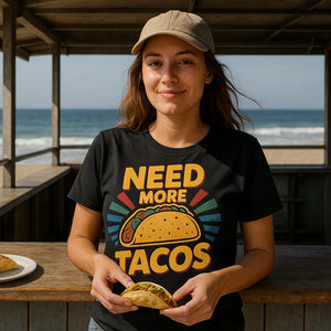 Lifestyle shot of the "Need More Tacos" black taco shirts in a real-world setting