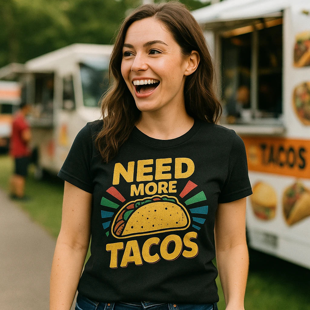 "Need More Tacos" black taco shirts, photographed as gift for taco lover