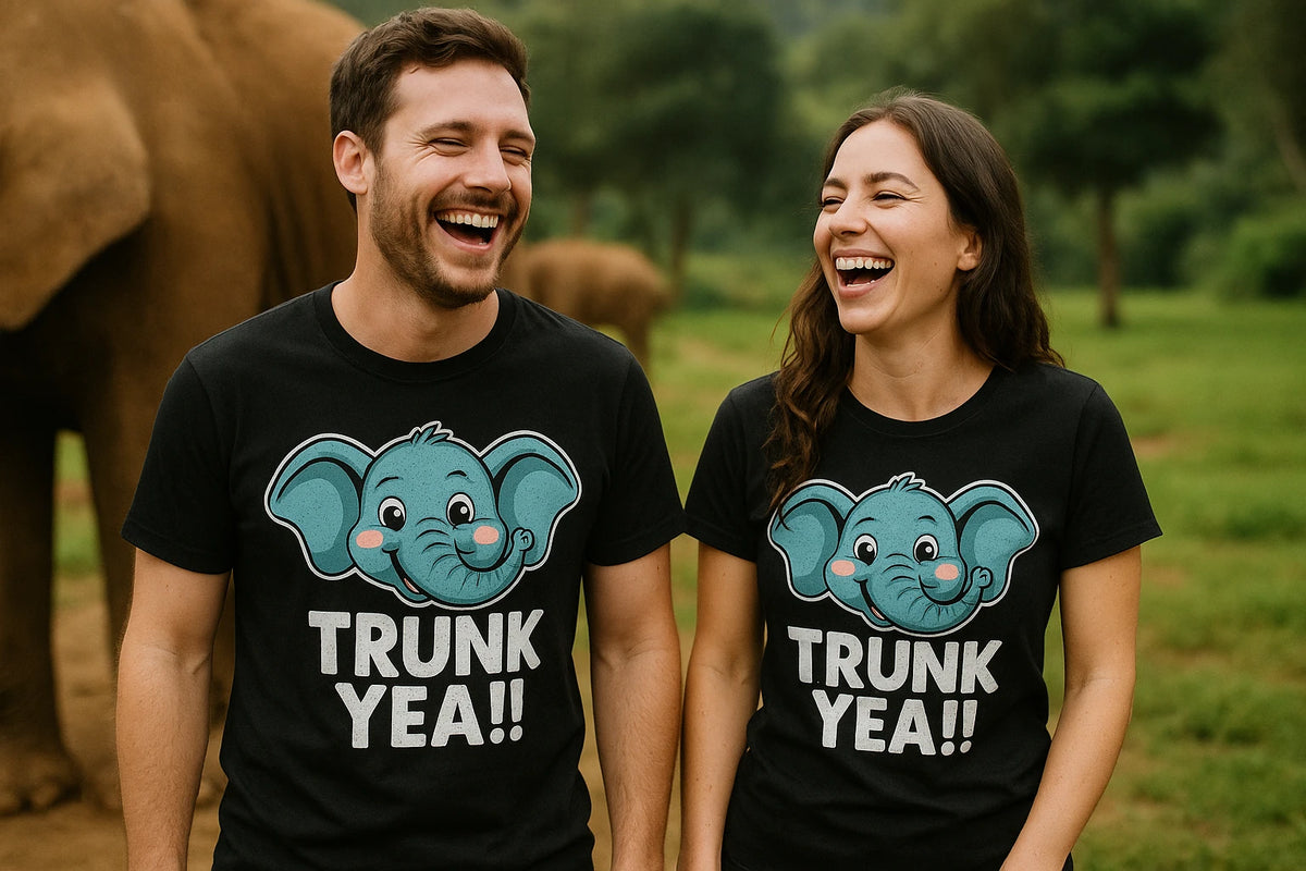 Person wearing the black elephant shirts graphic tee - "Trunk Yeah" design