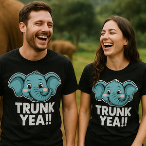Person wearing the black elephant shirts graphic tee - "Trunk Yeah" design